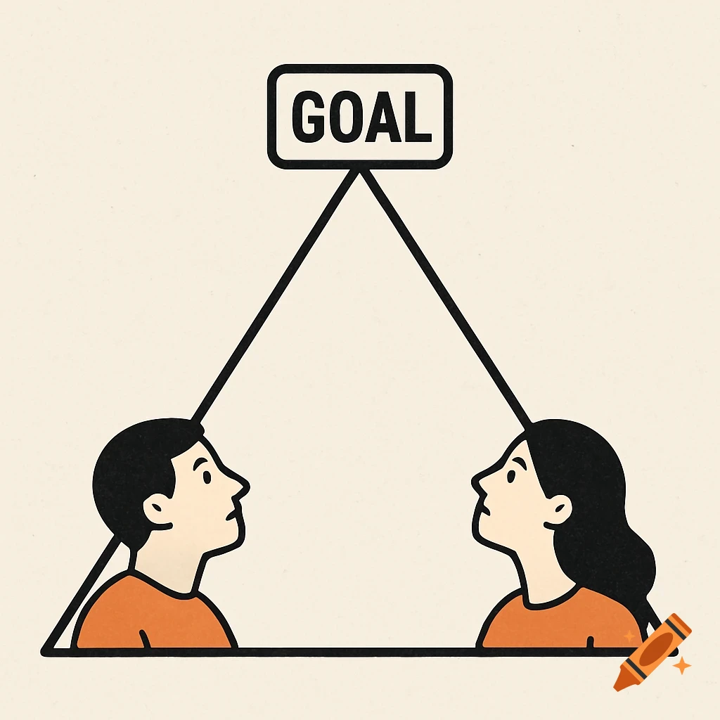 A minimalist illustration shows a man and a woman, each in a bottom corner of a black outlined triangle, looking up at a 'GOAL' sign at the apex.