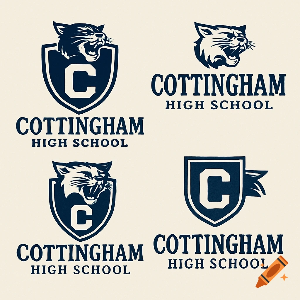Four dark blue and white logo designs for Cottingham High School, featuring a roaring wild cat head and shields with the letter C.
