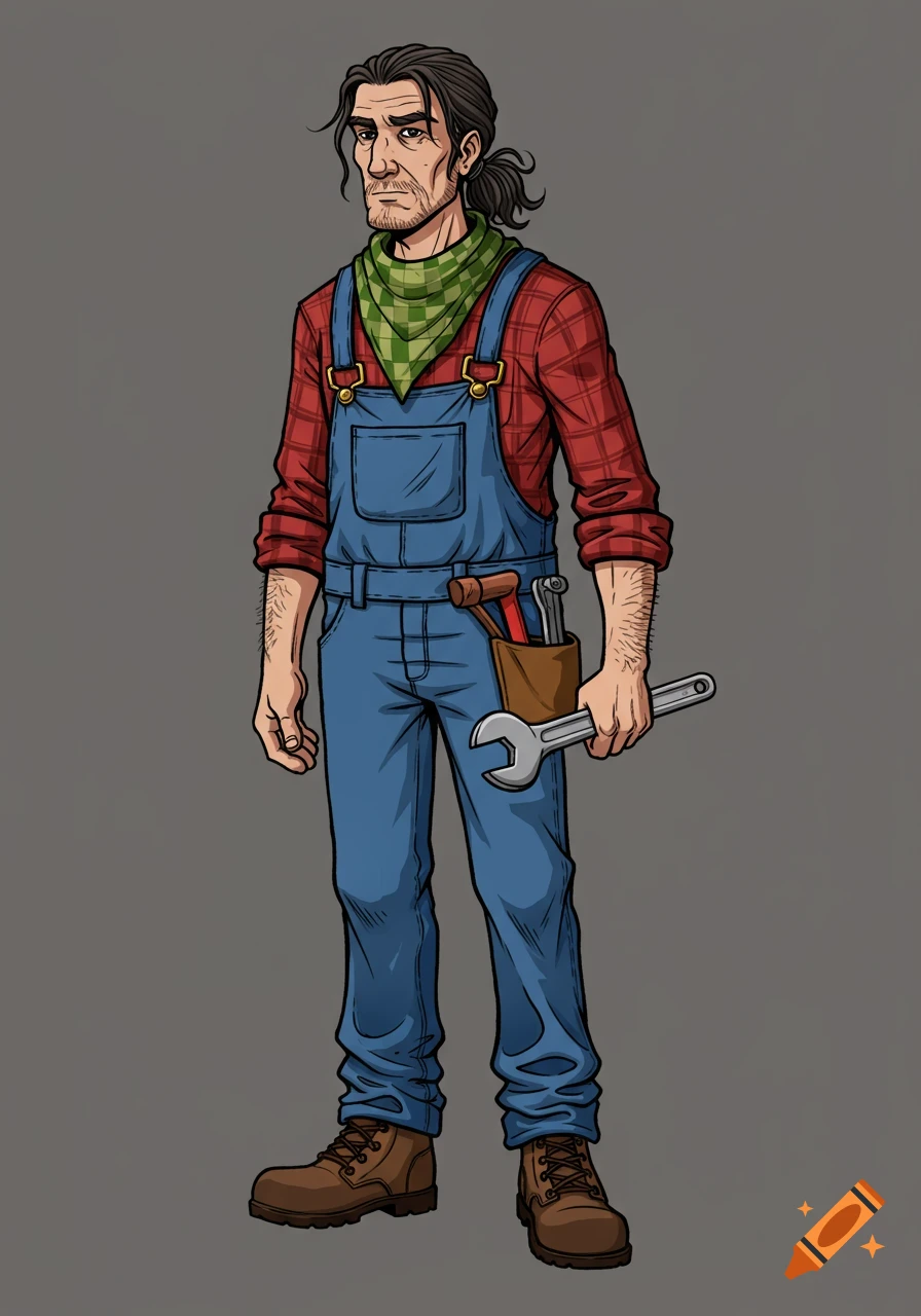 A comic art full-body illustration of a man in overalls and a plaid shirt, holding a wrench.