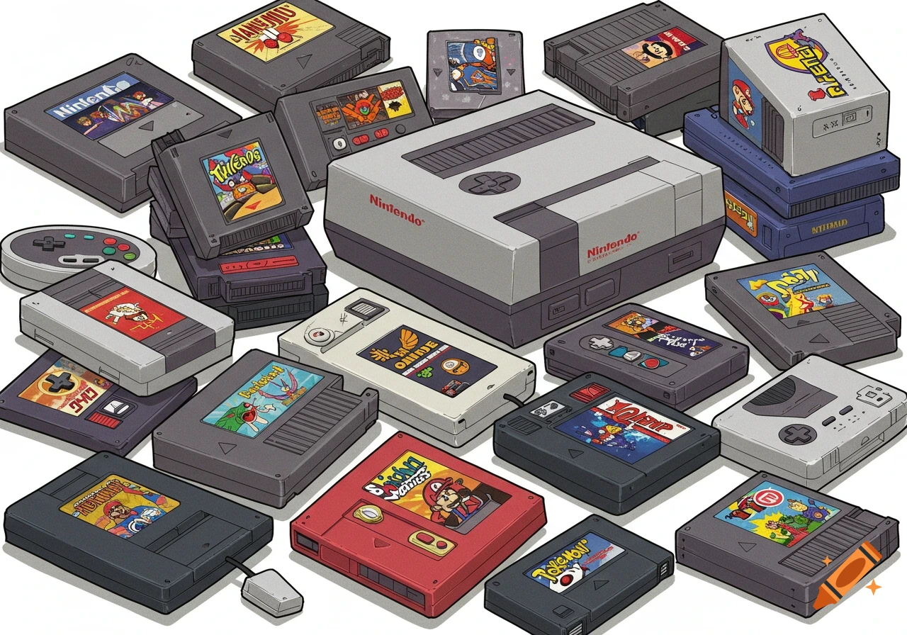 An isometric illustration of a gray Nintendo console surrounded by a large collection of colorful game cartridges and a classic controller.