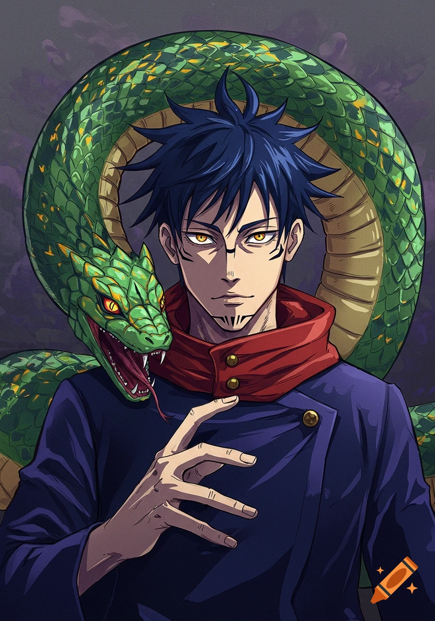 Anime man with dark blue hair, golden eyes, and face markings, wearing a dark uniform and red collar, with a large green and yellow snake behind him, its mouth open.