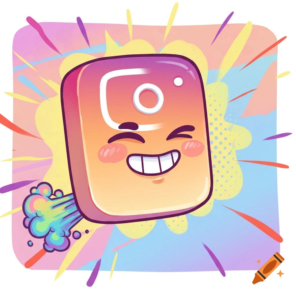A laughing cartoon Instagram logo character farting, surrounded by colorful burst lines.