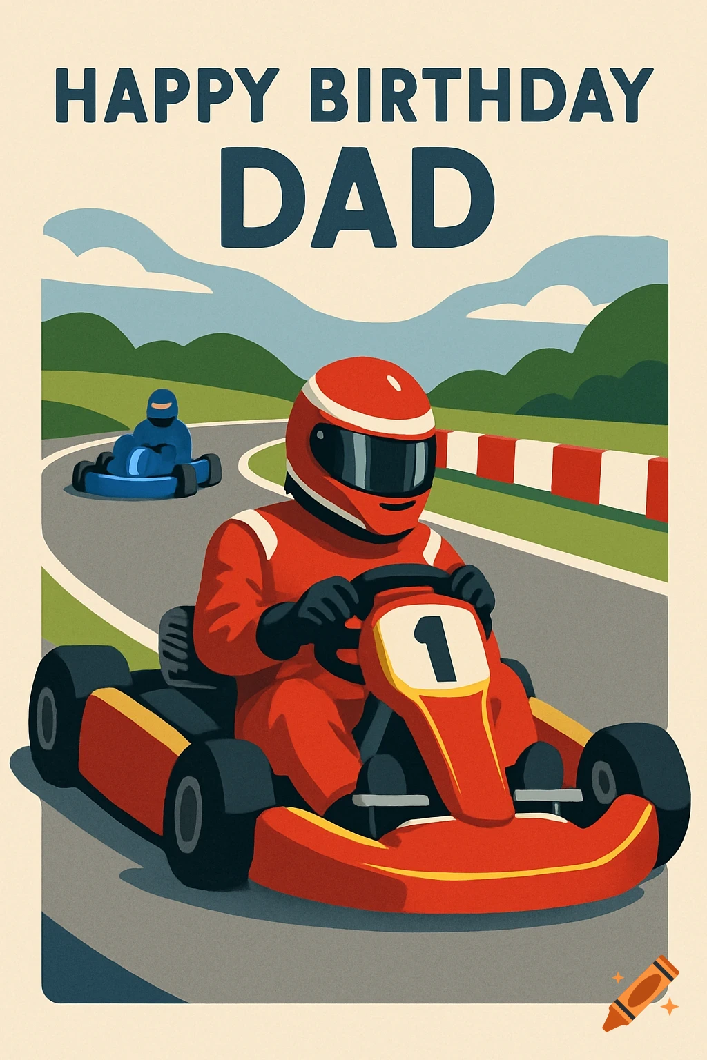 A vibrant illustration in a flat design style shows two go-karts racing on a track, with 'HAPPY BIRTHDAY DAD' text above.