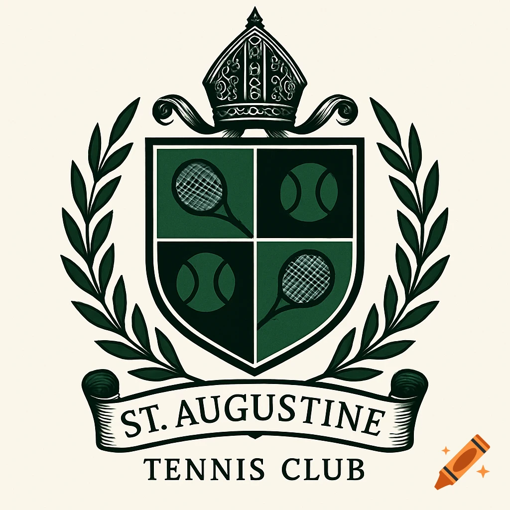 A vintage-style coat of arms logo for St. Augustine Tennis Club, featuring a shield with tennis rackets and balls, topped by a crown, and framed by laurel wreaths with a banner below.