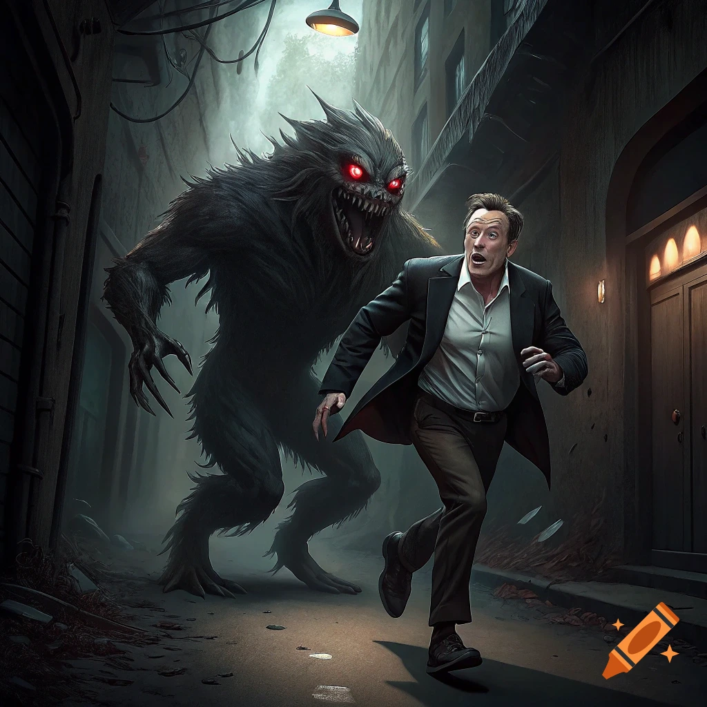 Elon Musk runs through a dark, misty alley as a large, furry monster with glowing red eyes chases him.