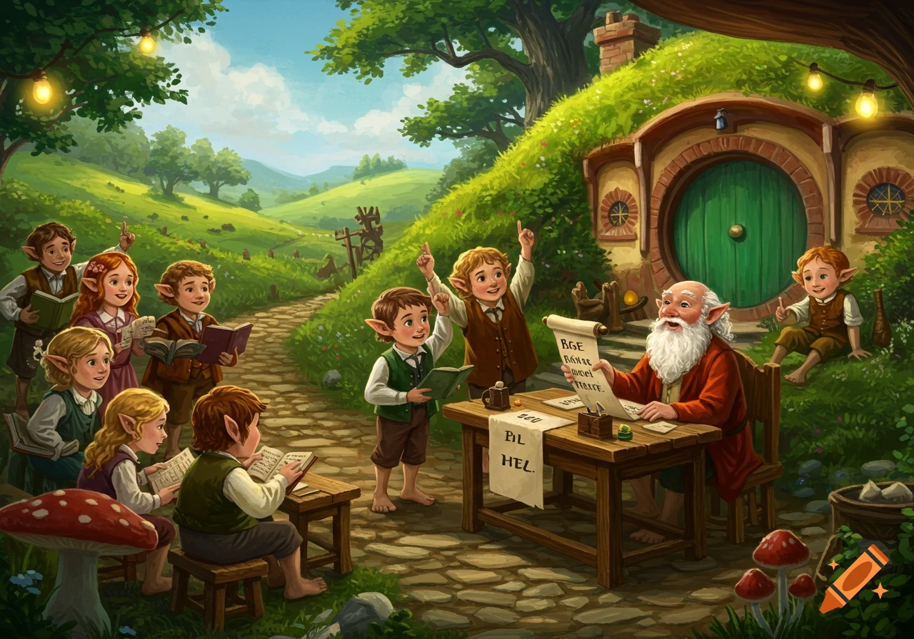 An illustrative image of hobbit-like children in a green hillside village, participating in an outdoor spelling bee with an elder hobbit.