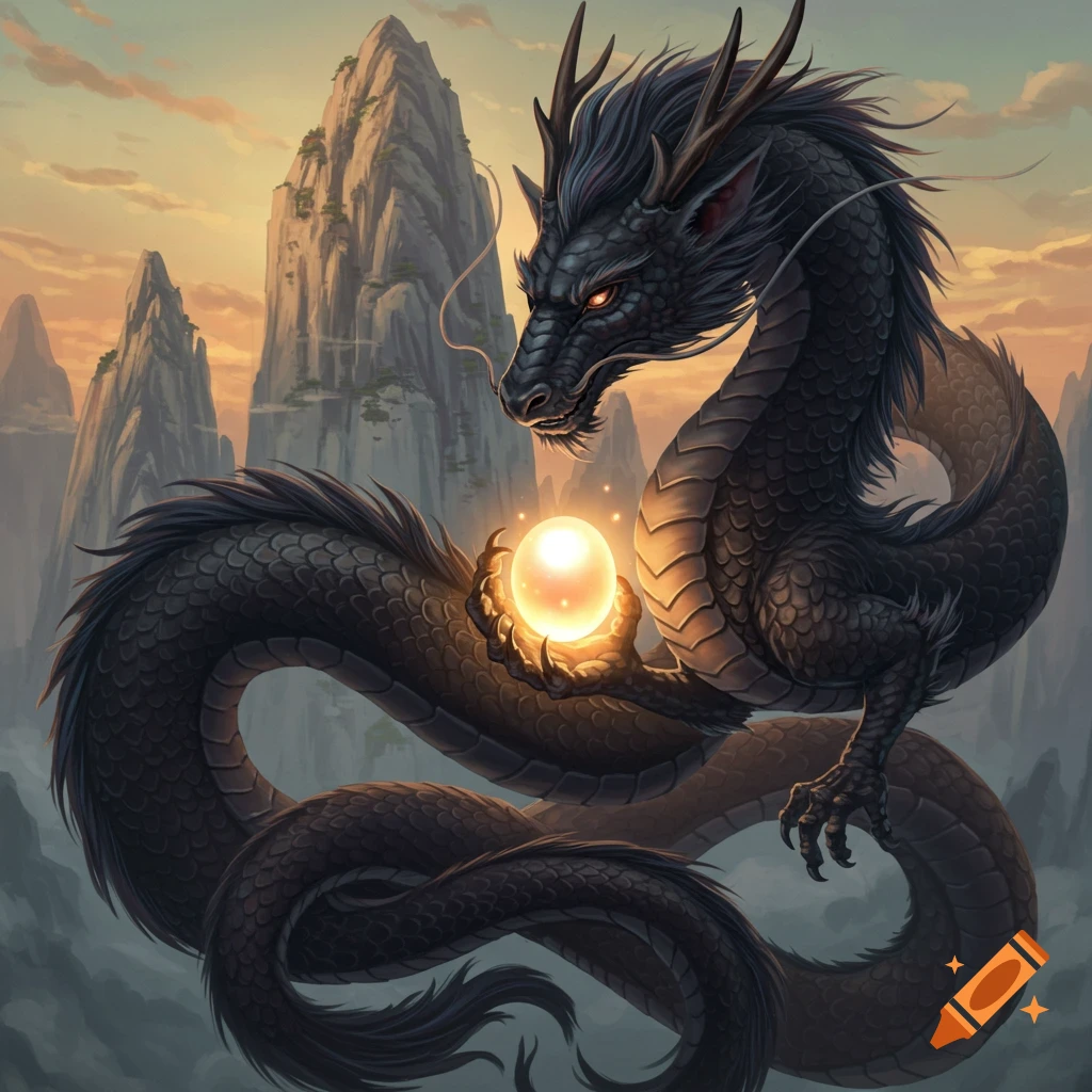 A black Chinese dragon with red eyes holds a glowing pearl against a sunset sky and misty mountains.