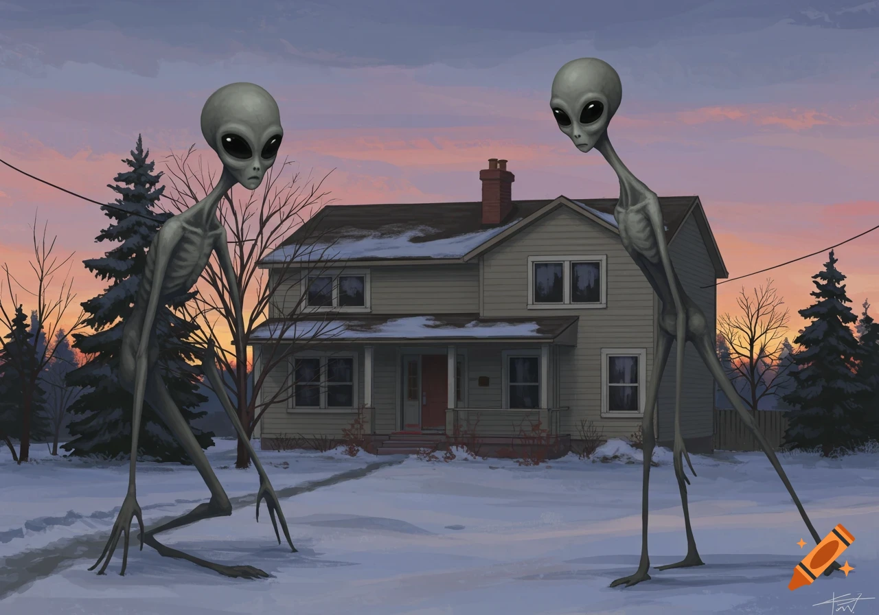 Two tall, skinny grey aliens with large black eyes stand in a snowy yard in front of a house at dusk, with an orange and purple sky.