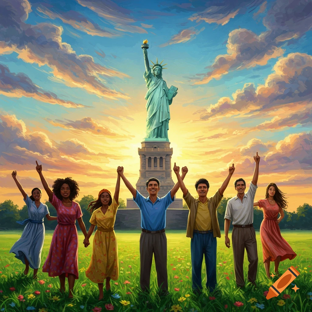 An illustration of a diverse group of people standing in a field of wildflowers, holding hands and raising their arms in triumph, with the Statue of Liberty prominent in the background under a vibrant sunset sky.
