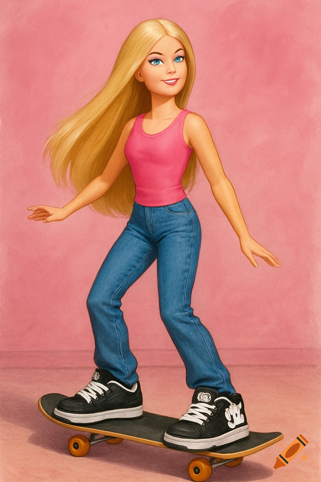 A blonde Barbie doll with blue eyes, wearing a pink tank top and jeans, smiles while skateboarding on a pink background.