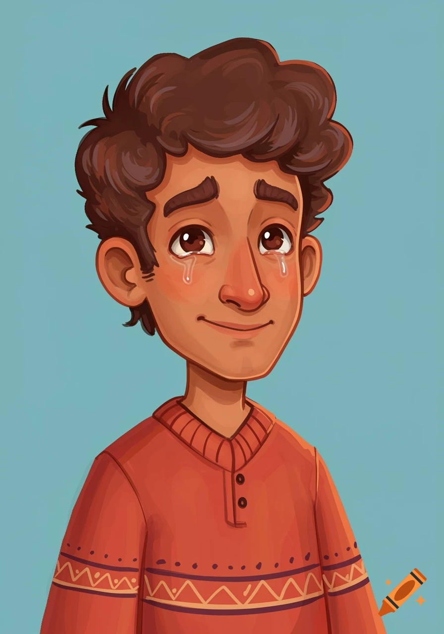 Cartoon illustration of a Hispanic boy with tan skin, curly hair, sad eyes, and a slight smile, wearing an orange sweater.