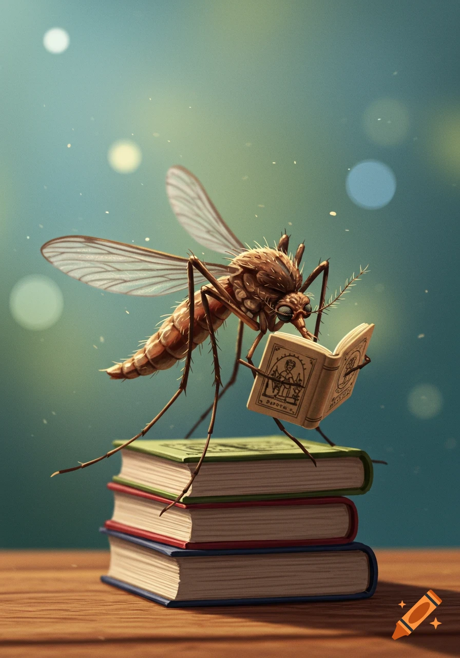A detailed illustration of a mosquito standing on a stack of books, holding and reading a tiny open book.