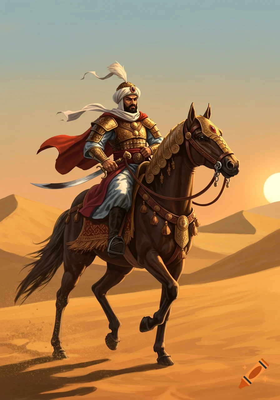 An armored warrior on horseback in a desert landscape at sunset.