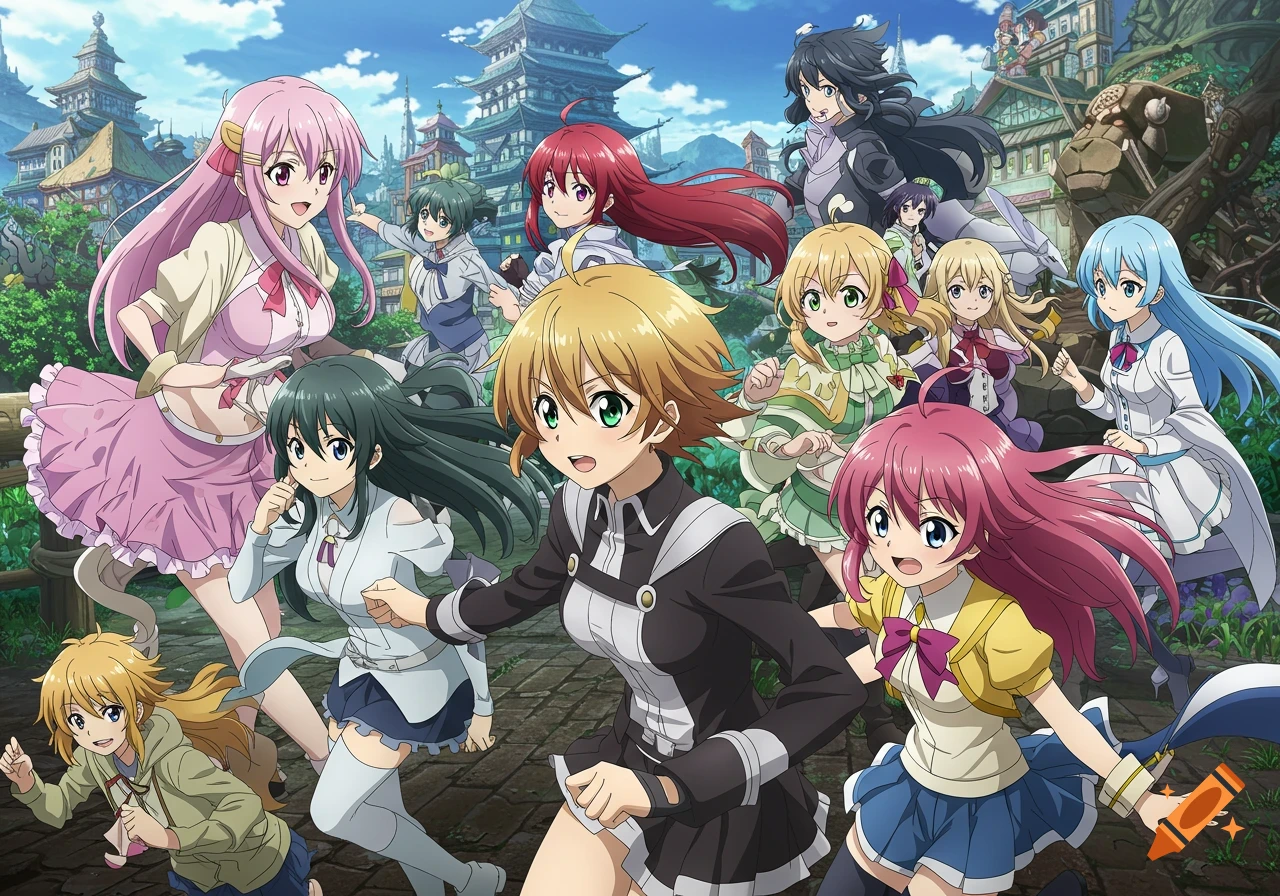 A large group of anime girls with various hair colors running through a fantastical village.