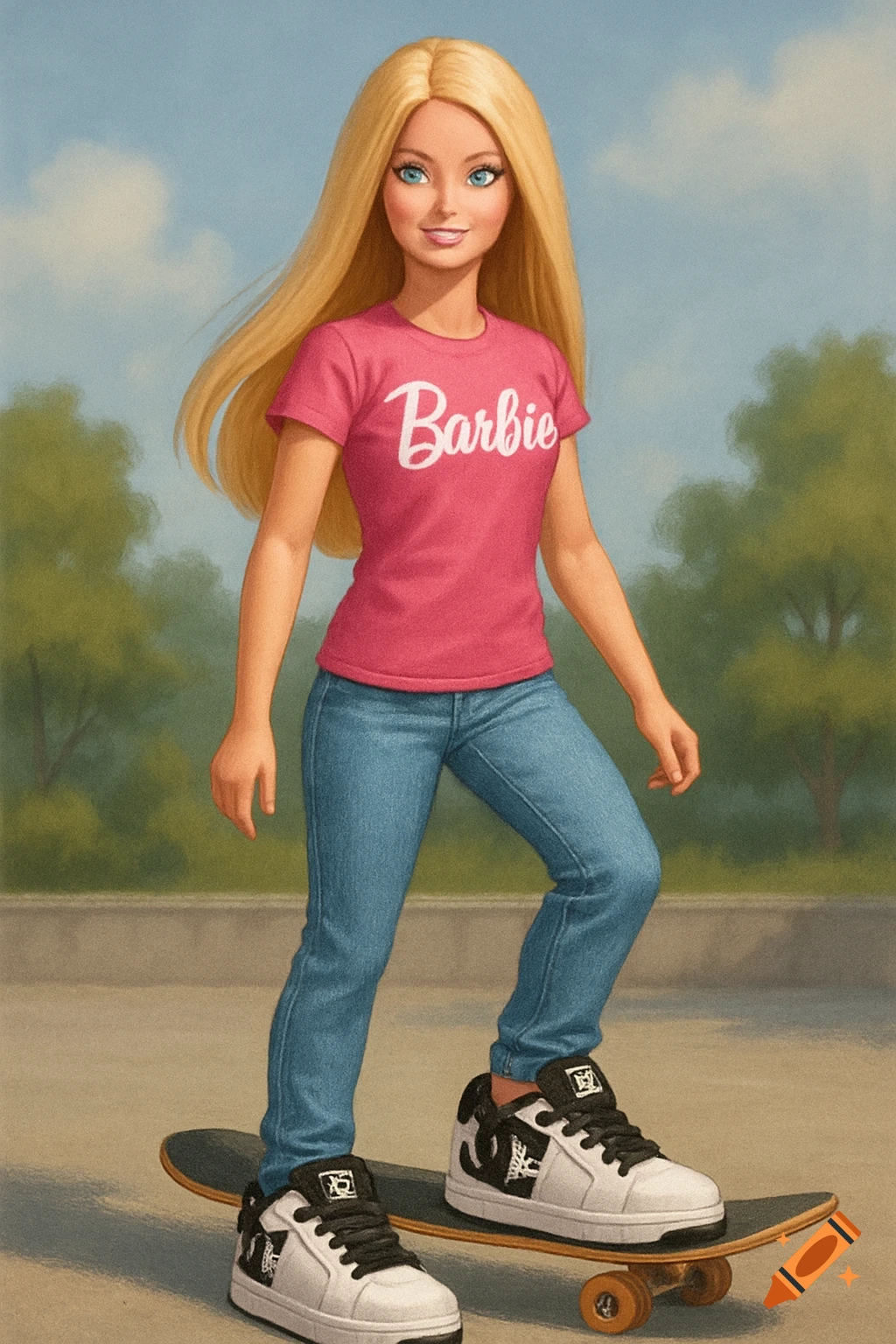 A blonde Barbie doll wearing a pink t-shirt and jeans stands on a skateboard in an outdoor setting with trees and a blue sky.