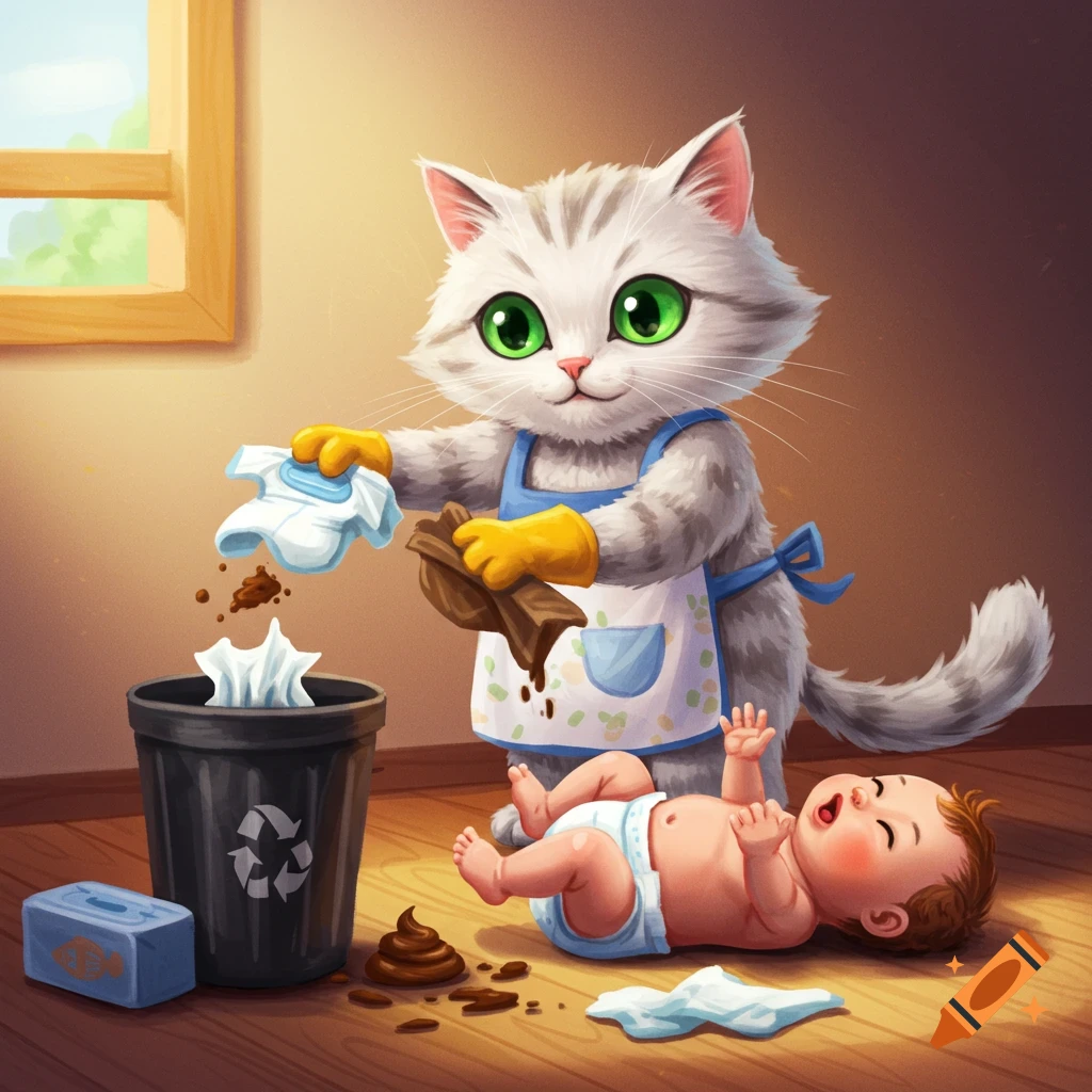 A cartoon cat wearing an apron and gloves cleans up a baby's diaper mess with poop on the floor, next to a crying baby.