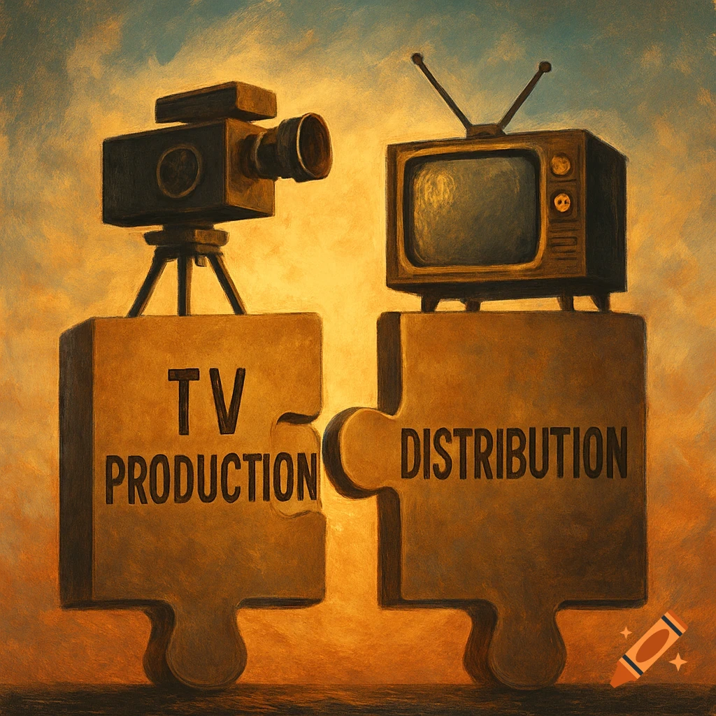 Two interlocking puzzle pieces represent TV production and distribution, topped with a camera and TV, in a painterly style.