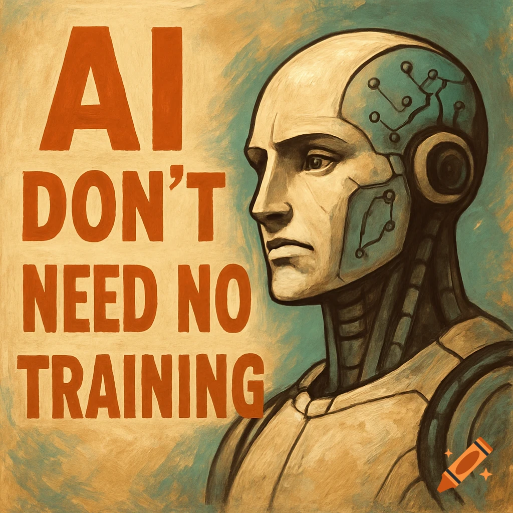 A retro-style poster featuring a stylized robot head in profile, with the text 'AI DON'T NEED NO TRAINING'.