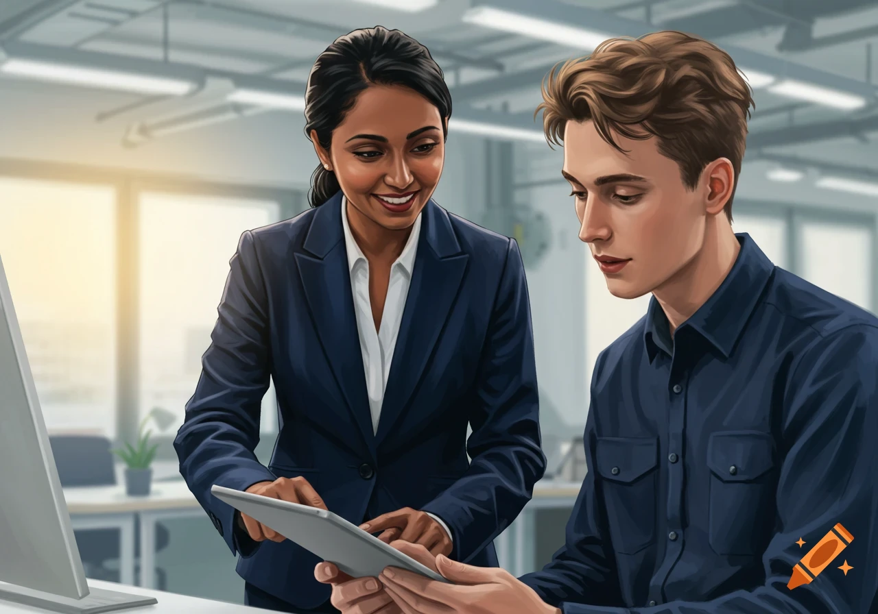 A smiling female manager points at a tablet held by a male employee in an office, digital illustration.