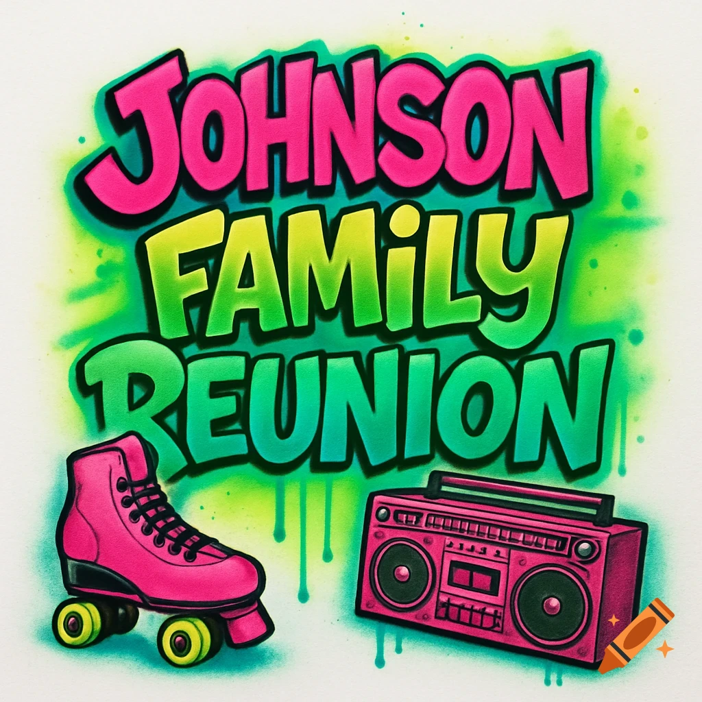 Airbrushed text "JOHNSON FAMILY REUNION" in neon pink, green, and yellow, with a pink roller skate and boombox on a white background.