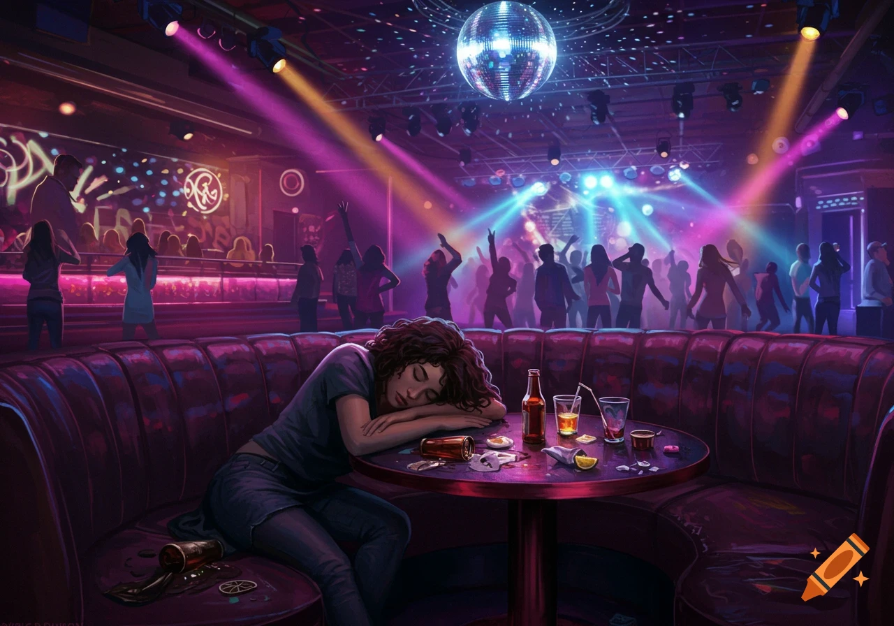 A person with curly hair is asleep, head on a table, in a nightclub booth with spilled drinks. In the background, silhouetted people dance under a disco ball and colorful lights.