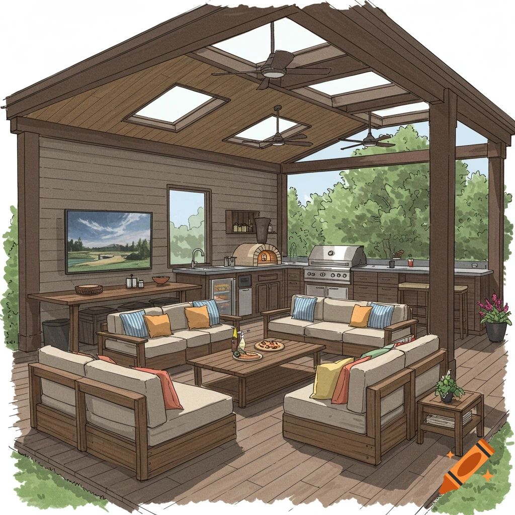 Detailed illustration of a spacious covered outdoor patio with a full outdoor kitchen, dining area, and multiple seating arrangements.
