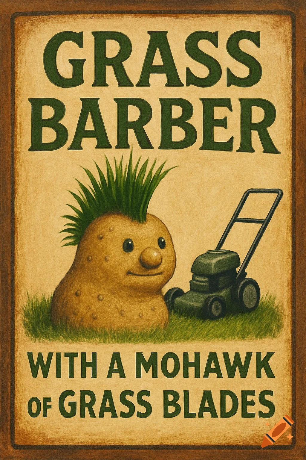 A whimsical wooden sign for 'GRASS BARBER' featuring a cute, textured potato-like character with a vibrant green grass mohawk next to a lawnmower, set against a light brown background.