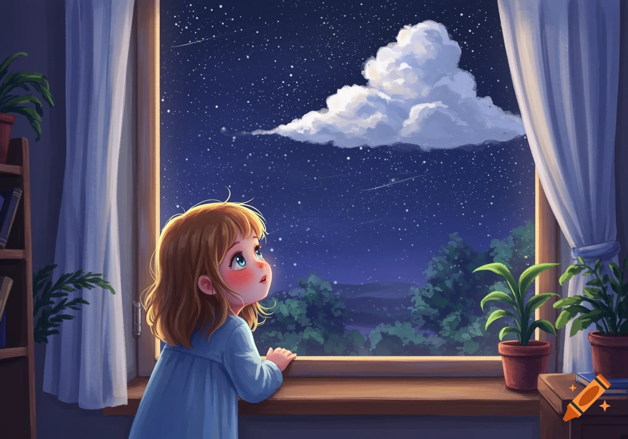 An anime-style little girl in a blue dress looks out a window at a starry night sky with a large cloud.