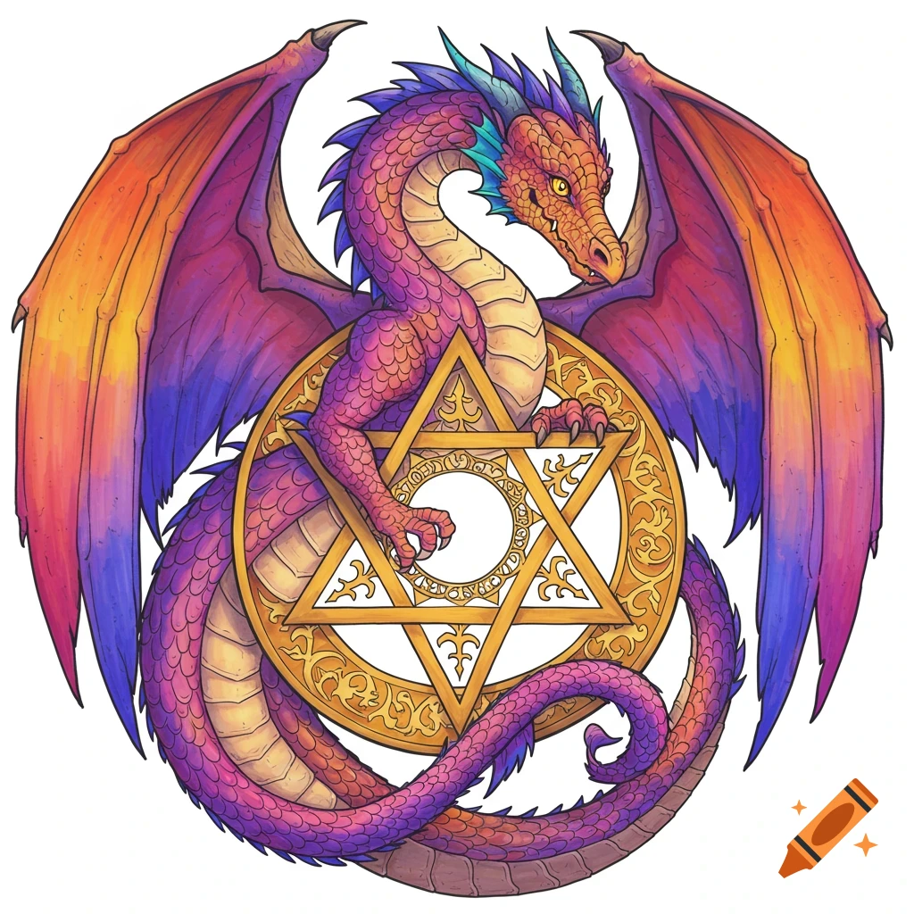 A vibrant dragon with orange and purple scales wrapped around a golden Star of David, in a detailed coloring page style.