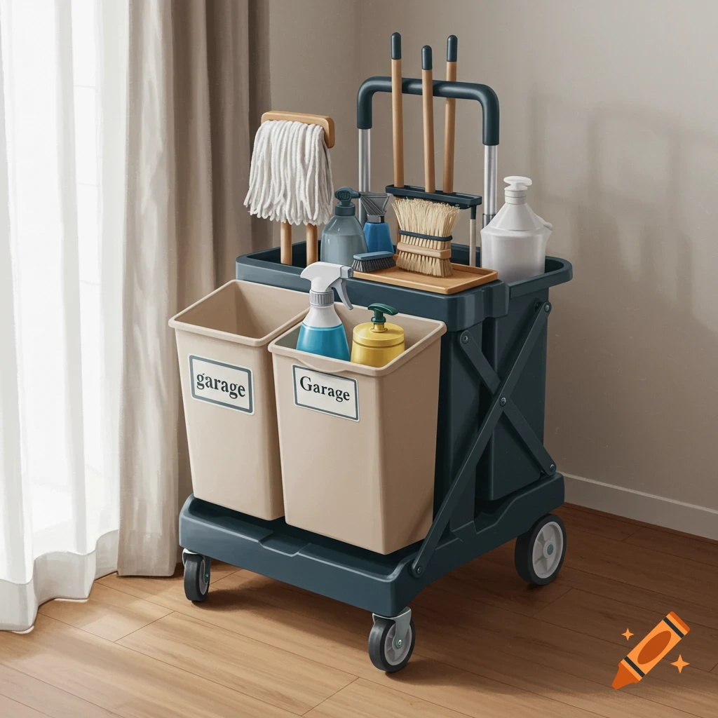 A modern, home-friendly janitor cart with cleaning supplies, two bins labeled 'garage', a mop, and brooms on a wooden floor next to a window.