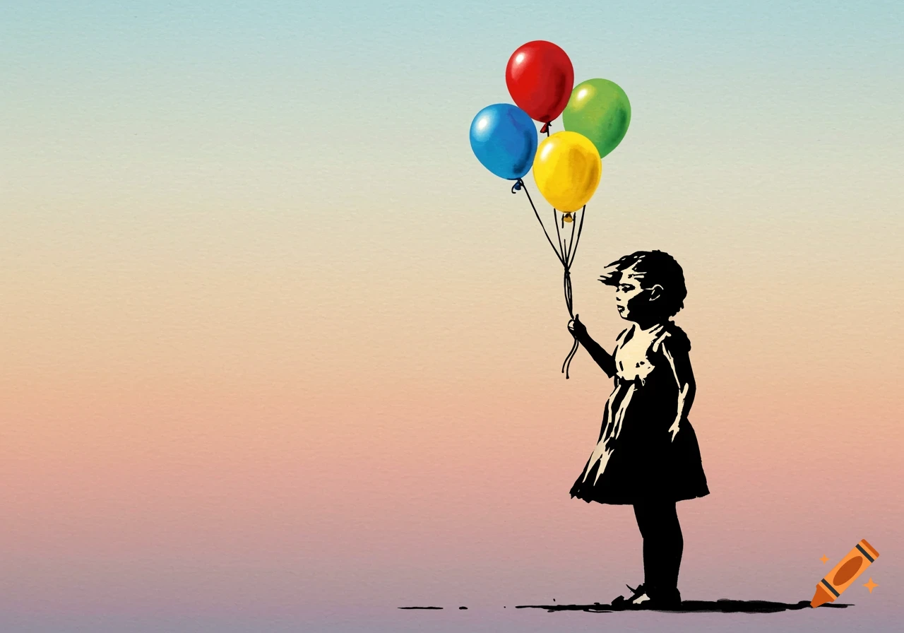 Silhouette of a young girl holding four colorful balloons against a gradient sky in Banksy's stencil art style.