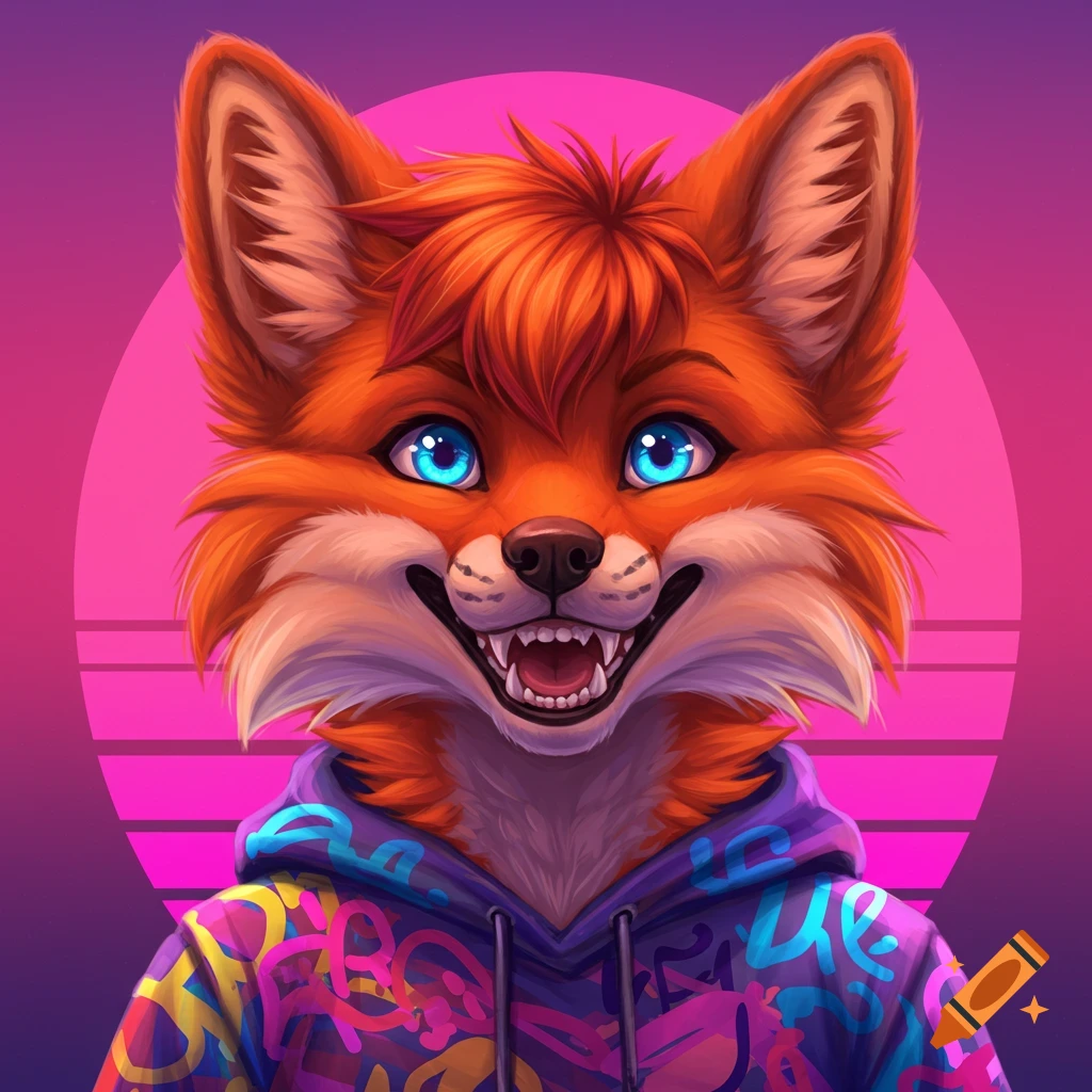 A smiling, orange anthropomorphic fox with bright blue eyes wears a vibrant graffiti hoodie against a retro pink and purple sunset background.