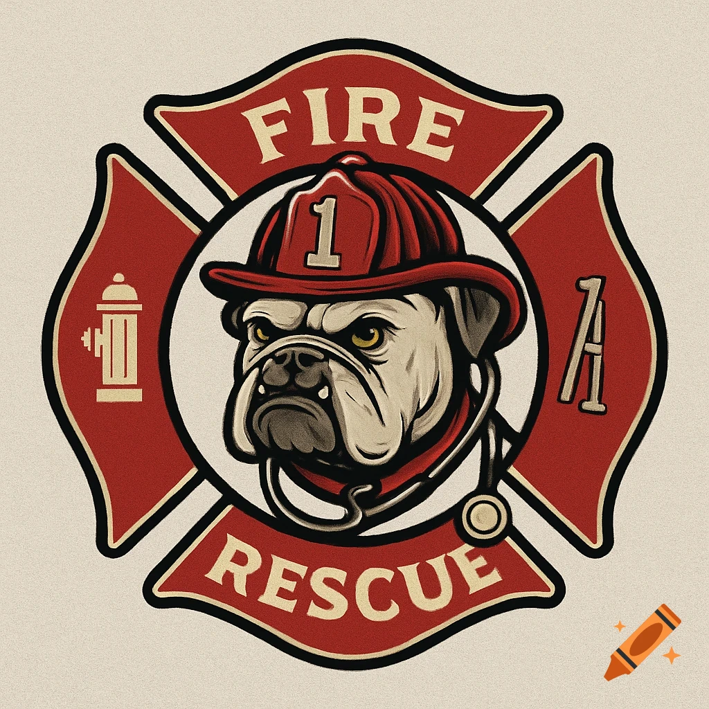 Maltese cross logo with a bulldog wearing a fire helmet and stethoscope, text reads 'FIRE RESCUE', '1', and 'A'.