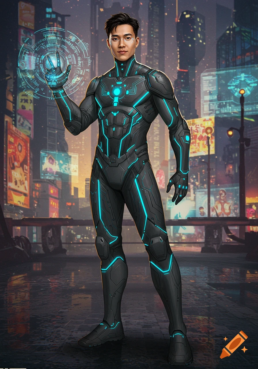 Concept art of a man in a black and blue tech superhero suit holding a glowing holographic circle in a futuristic city.