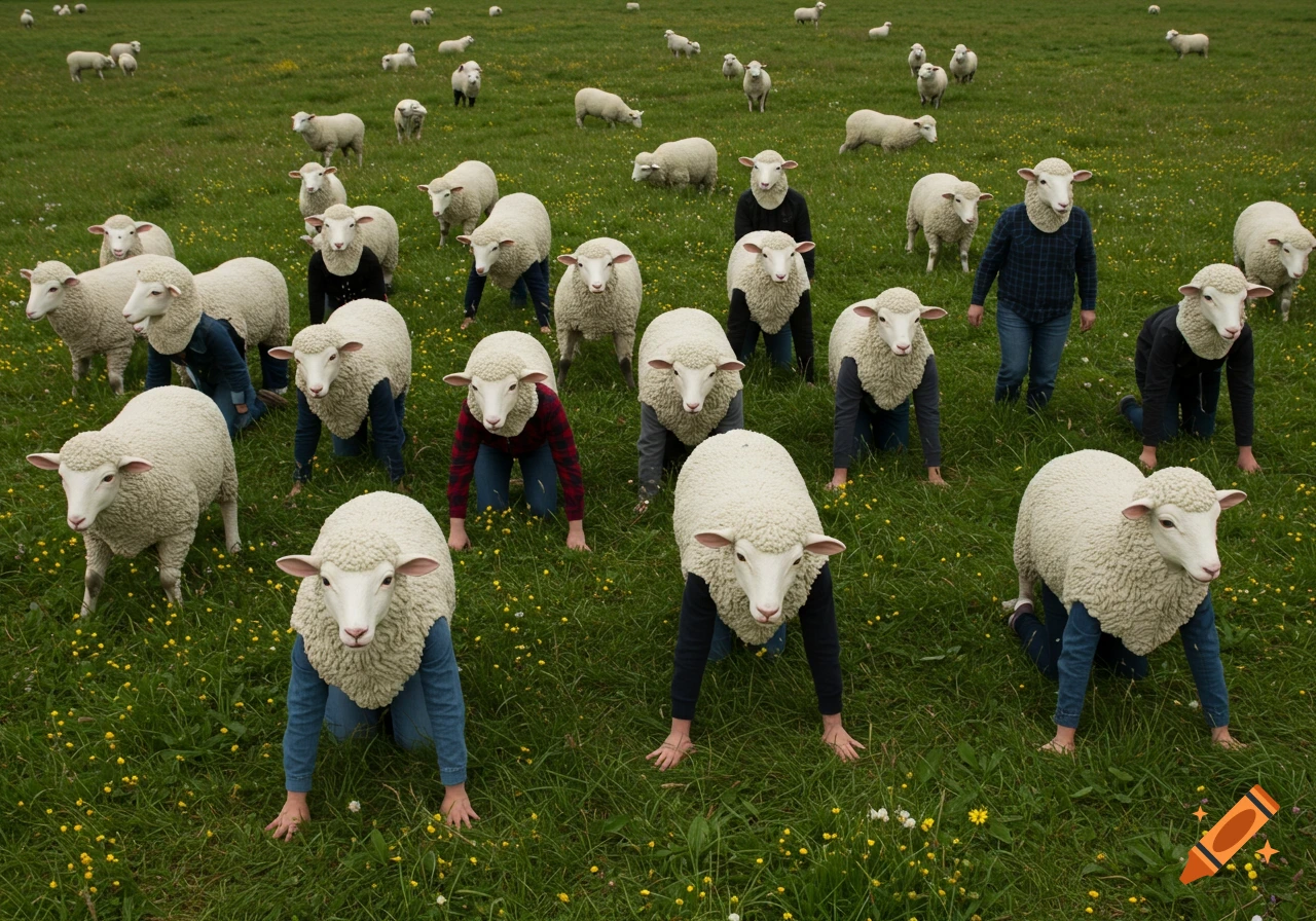 Photorealistic image of humans wearing sheep masks and costumes, crawling on all fours in a grassy field with real sheep.
