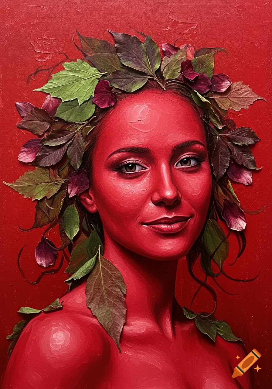 A striking portrait painting of a woman with vibrant red skin, adorned with a crown of green and reddish-brown leaves, against a textured red background.