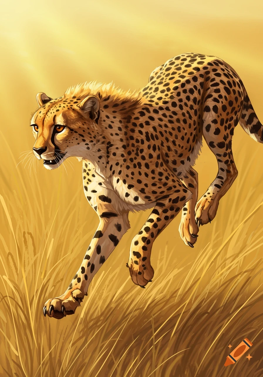 A vibrant illustration of a cheetah leaping through tall golden grass under a bright sky.
