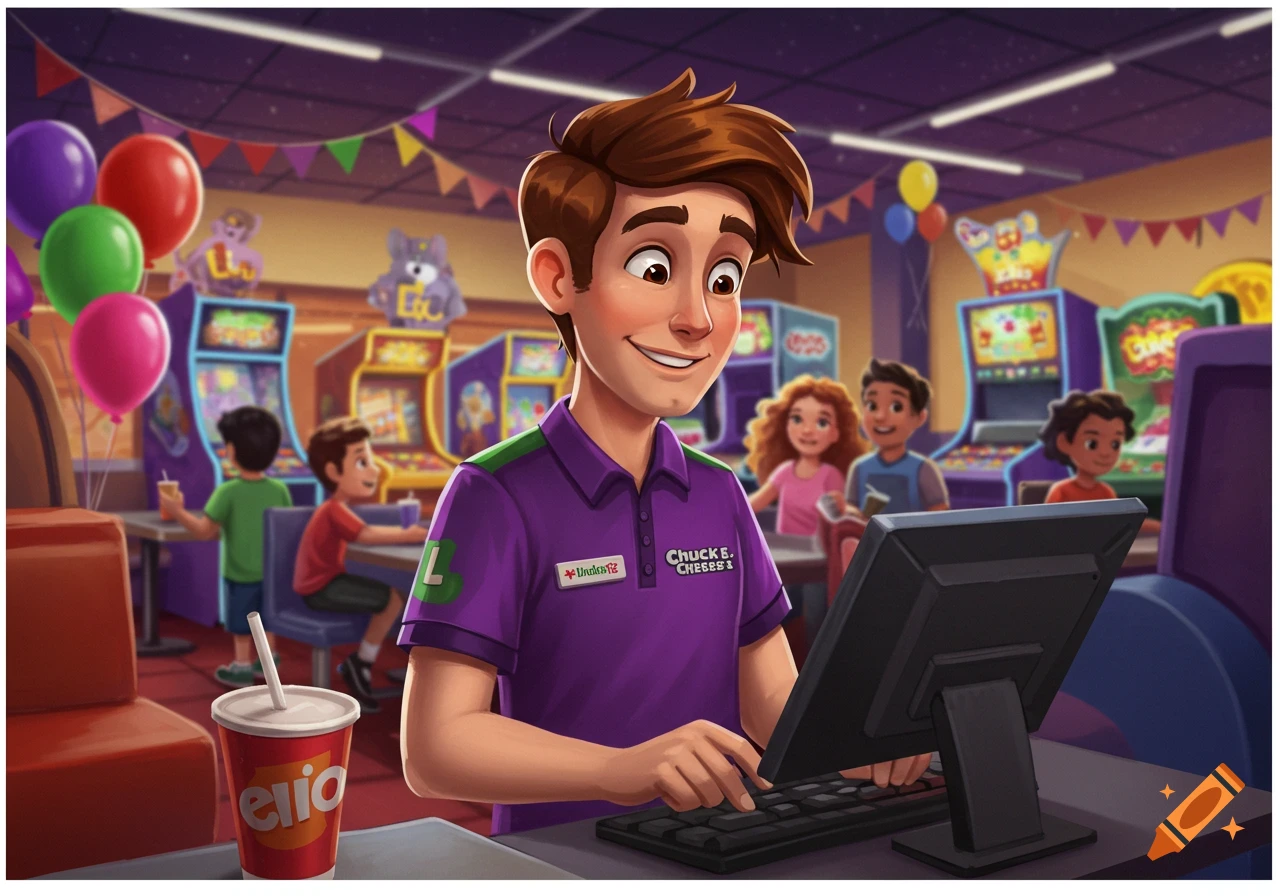 A cartoon man in a purple polo shirt works at a computer in a Chuck E. Cheese-like arcade, with children playing in the background. A cup with "elio" on it is on the counter.
