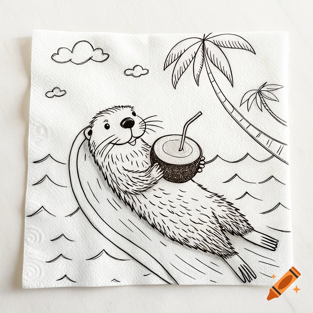 Black and white doodle of a sea otter floating on its back in the ocean, holding a coconut drink, with palm trees in the background.