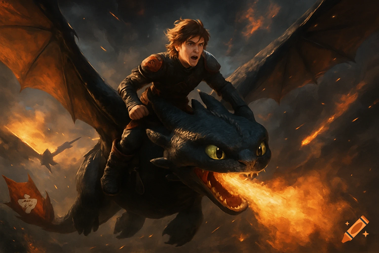 Hiccup rides Toothless, a black dragon breathing fire, through a dark, fiery sky. Epic fantasy art.