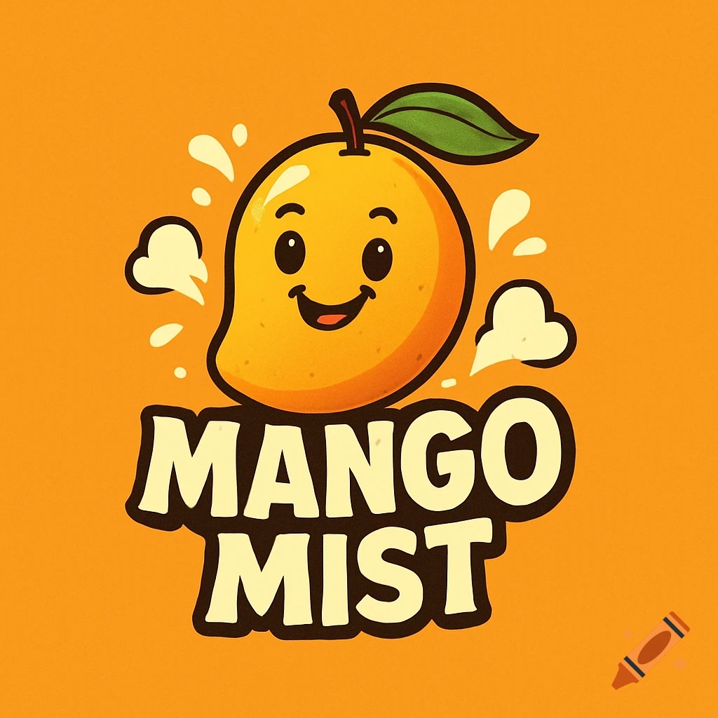 A fun, cartoon-style logo for "Mango Mist" featuring a smiling mango character on an orange background.