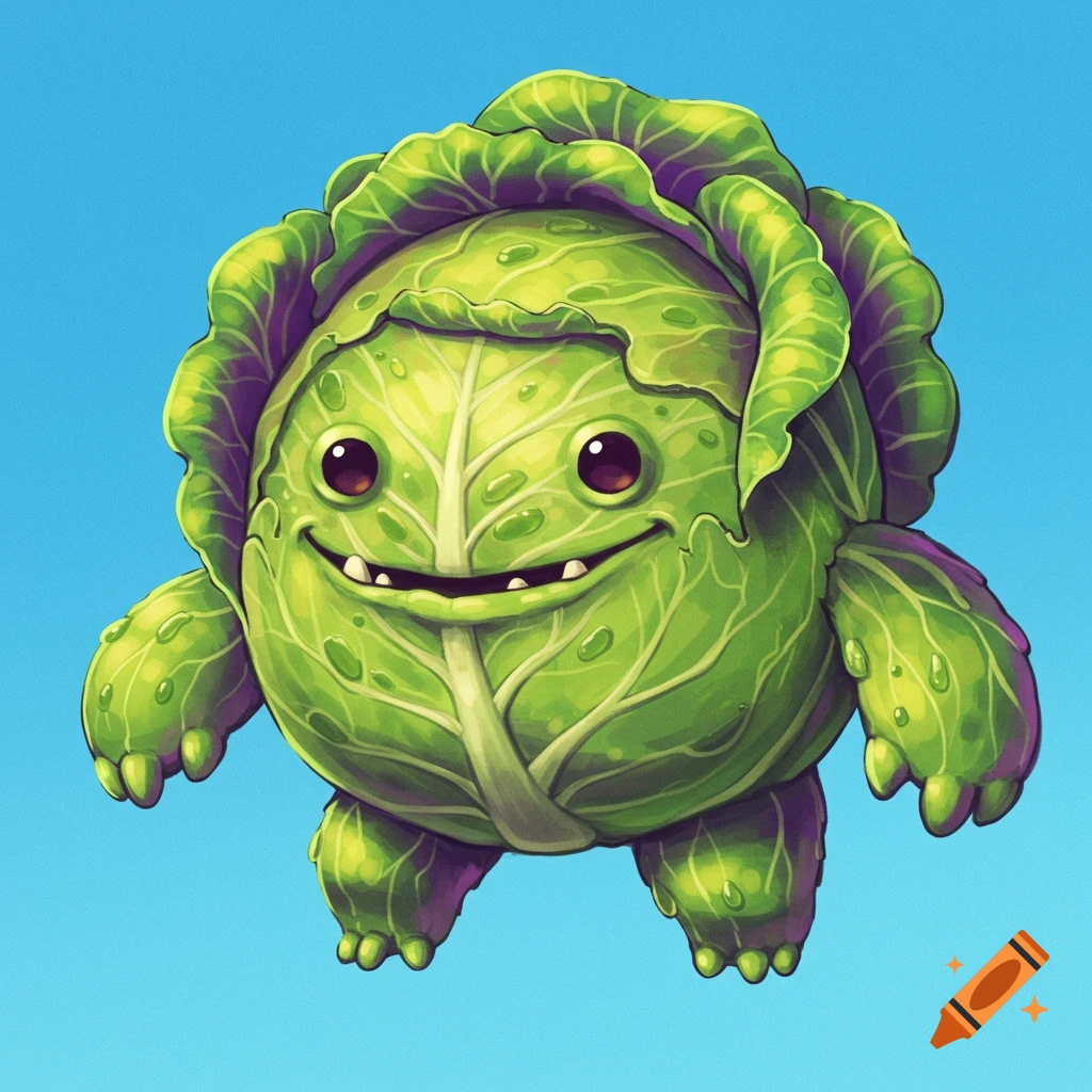 A cute, smiling green cabbage monster with big eyes and tiny fangs against a bright blue background.
