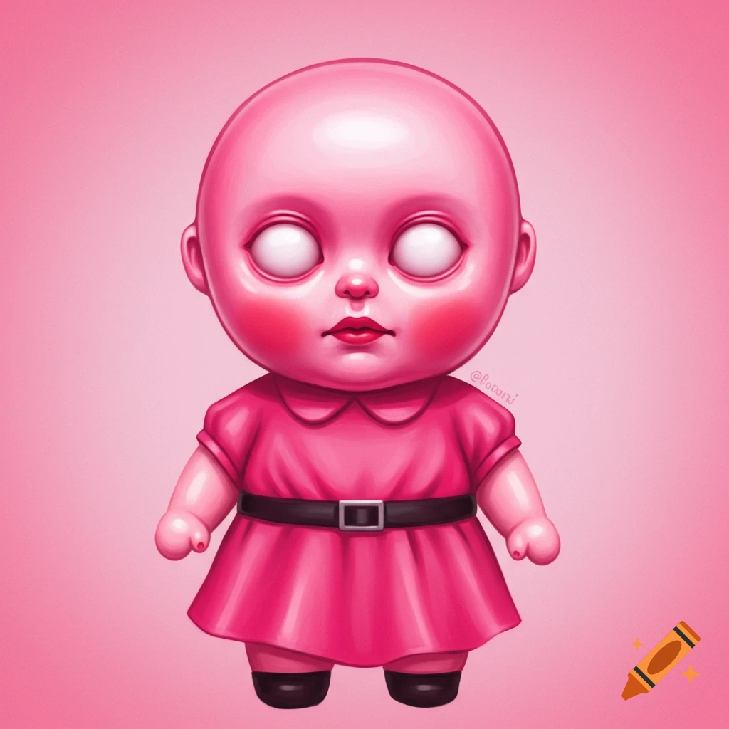A bald, pink, stylized doll with white eyes, wearing a pink dress and black belt.