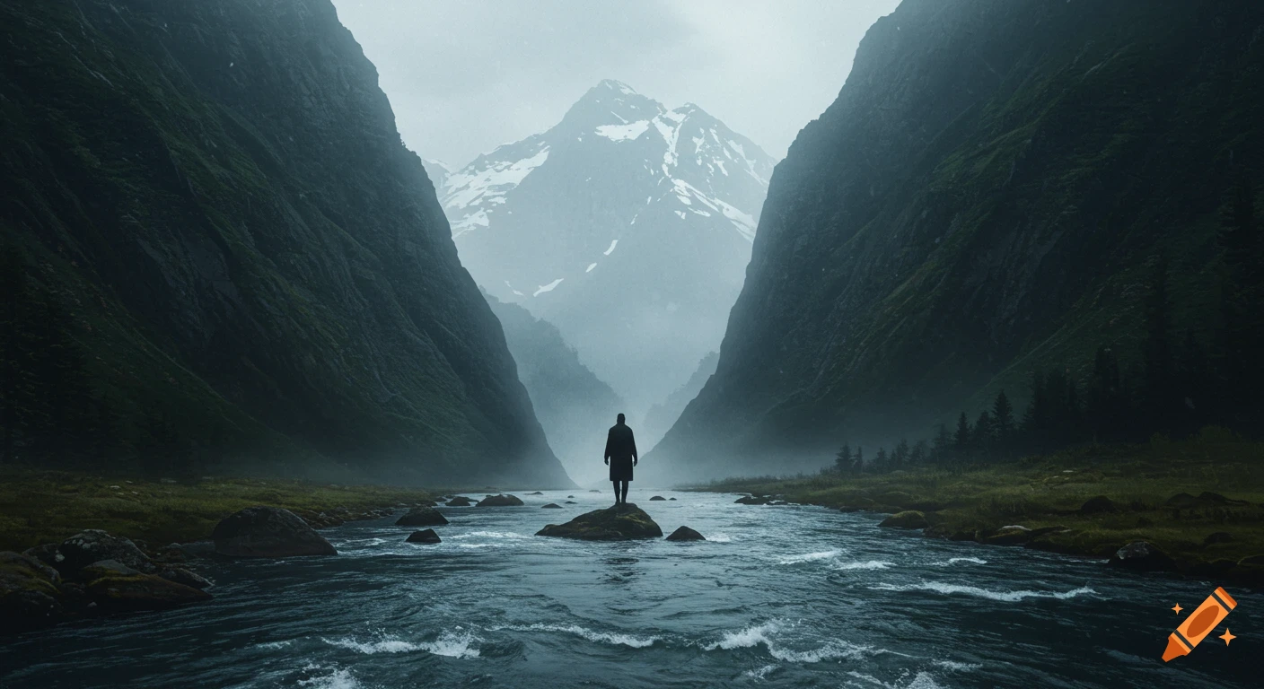 A shadowy figure stands on a rock in a river, looking towards majestic, misty mountains in a narrow valley.