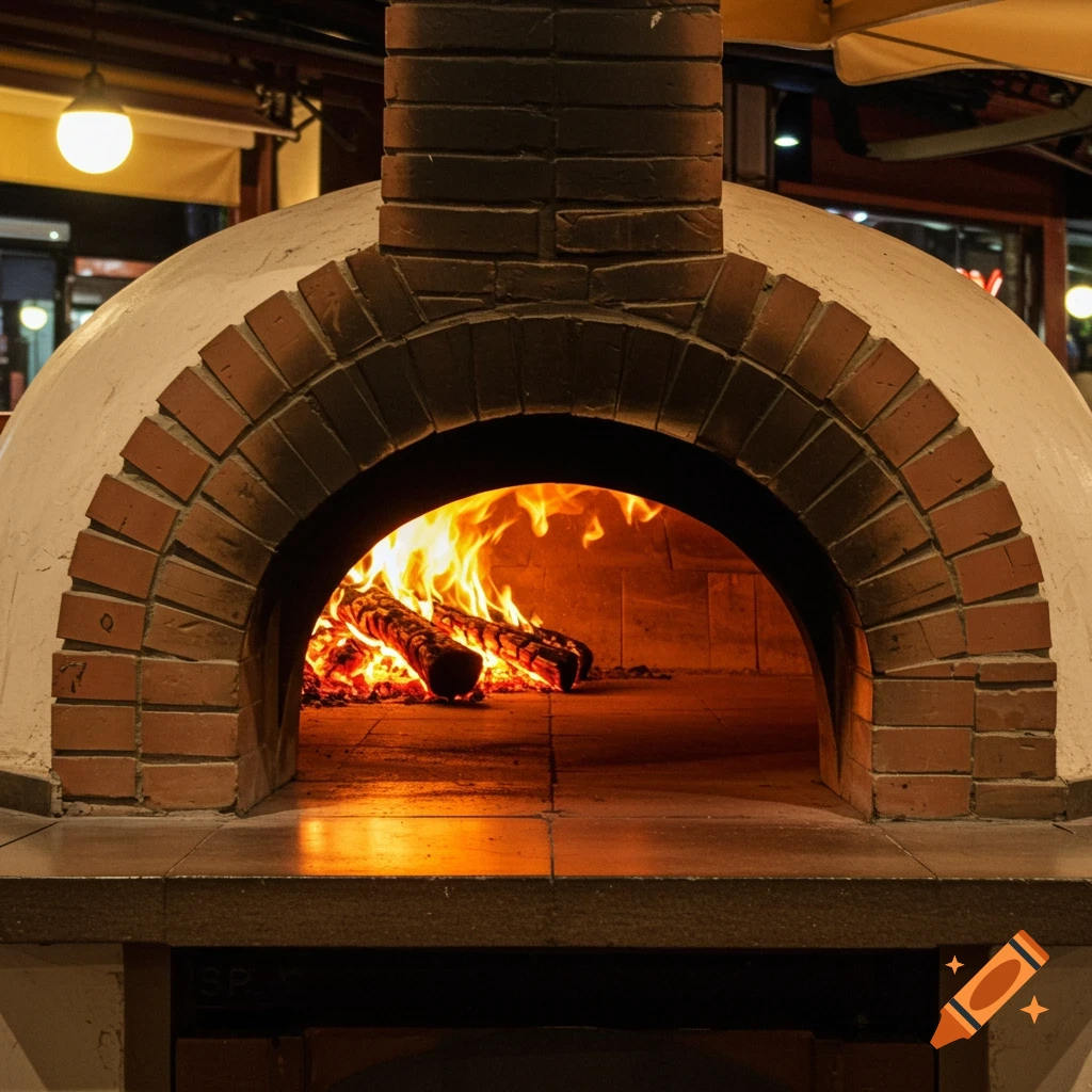 A close-up, photorealistic view of a traditional brick pizza oven with a roaring fire burning inside.