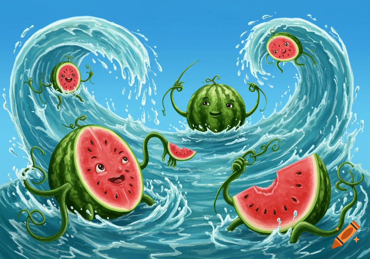Cartoon watermelons with faces and vine limbs splashing in large ocean waves under a blue sky.
