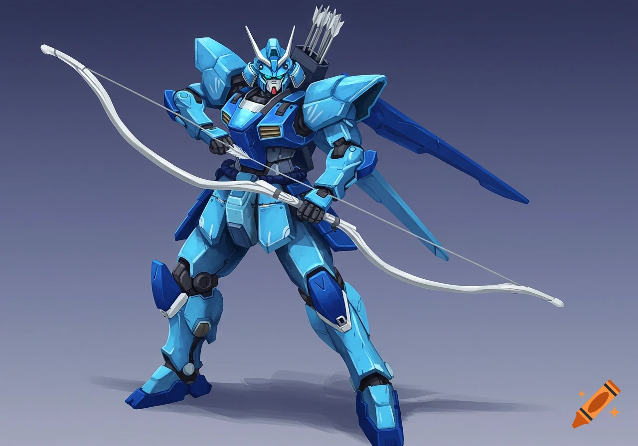 A sky blue and navy blue fantasy mecha holding a white bow and quiver of arrows on a grey background.