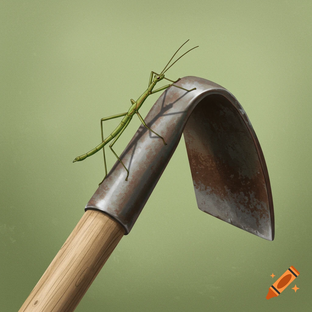 A green stickbug rests on the metal head of a rusty wooden hoe against a green background.