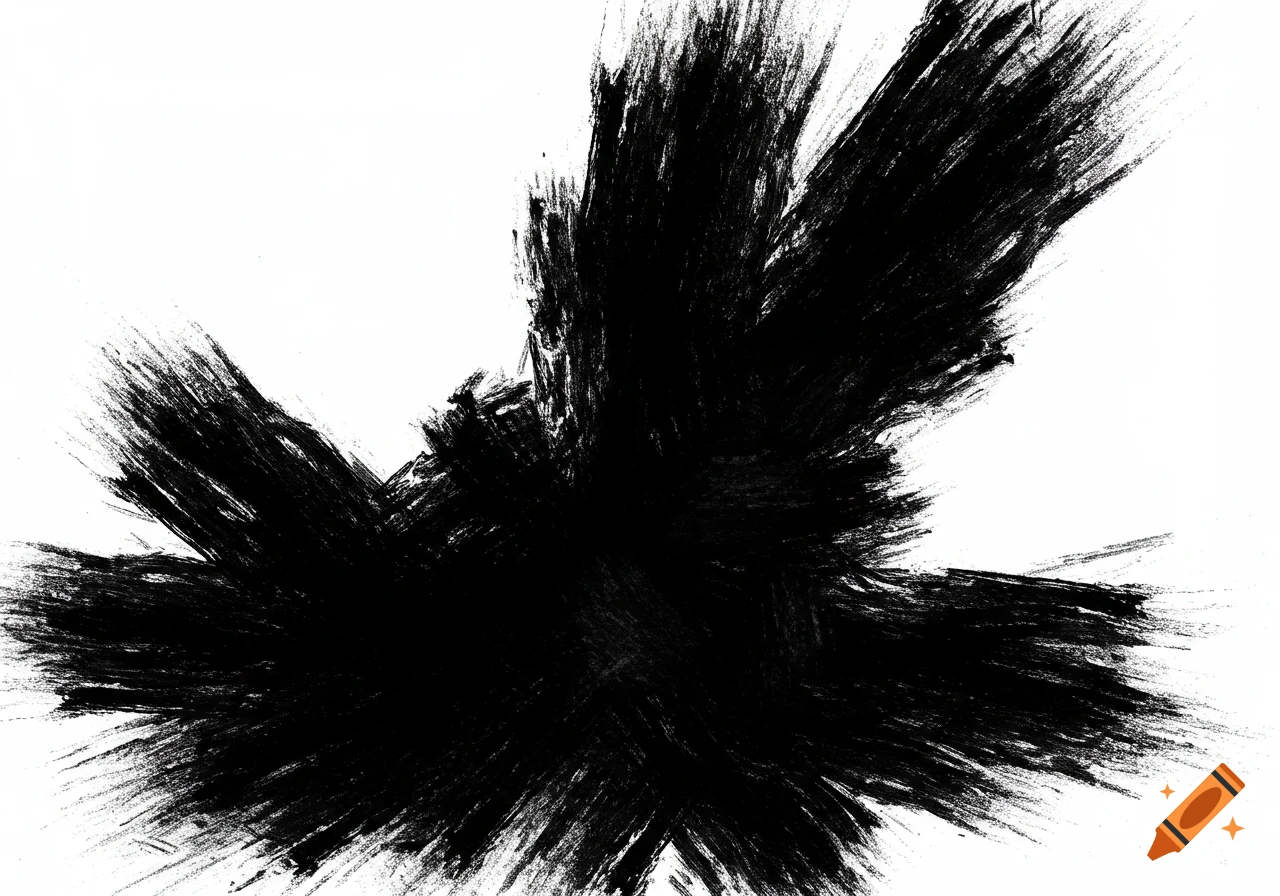 Dynamic black brushstrokes burst outwards on a white background, forming an abstract composition.