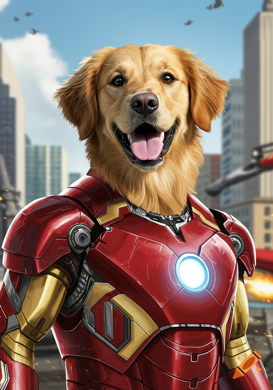 A Golden Retriever dog wearing an Iron Man suit stands in a city with buildings in the background. Photorealistic style.